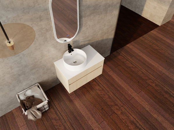 English Elm 32 Inch Floating Bathroom Vanity with Ceramic Basin Soft Close Doors Wood Grain W999S00454