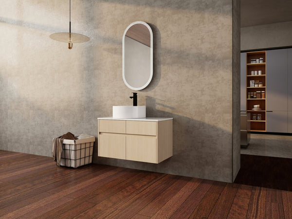 English Elm 32 Inch Floating Bathroom Vanity with Ceramic Basin Soft Close Doors Wood Grain W999S00454