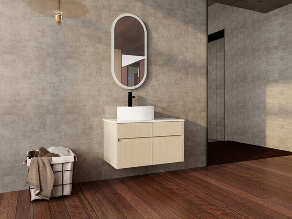 English Elm 32 Inch Floating Bathroom Vanity with Ceramic Basin Soft Close Doors Wood Grain W999S00454