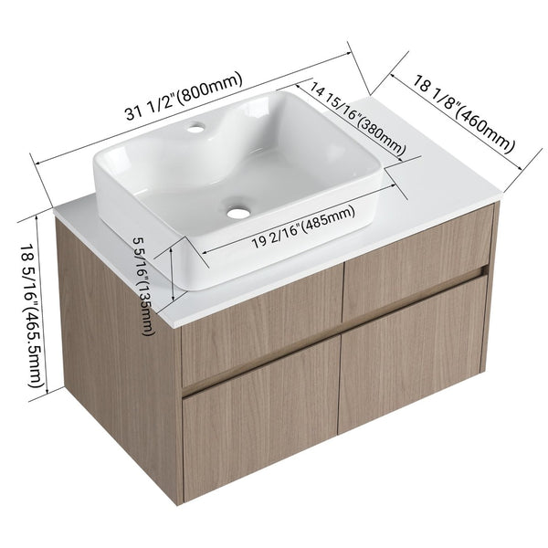 English Elm 32 Inch Floating Bathroom Vanity with Hand-Painted Ceramic Basin and Soft Close Storage Bouguer Walnut W999S00455