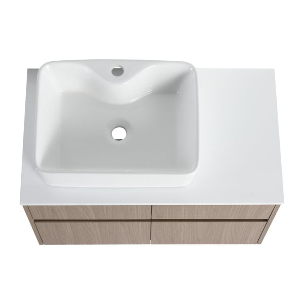English Elm 32 Inch Floating Bathroom Vanity with Hand-Painted Ceramic Basin and Soft Close Storage Bouguer Walnut W999S00455