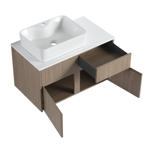 English Elm 32 Inch Floating Bathroom Vanity with Hand-Painted Ceramic Basin and Soft Close Storage Bouguer Walnut W999S00455