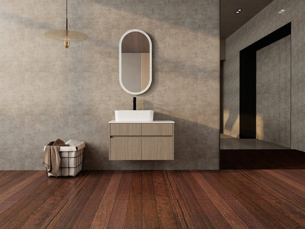 English Elm 32 Inch Floating Bathroom Vanity with Hand-Painted Ceramic Basin and Soft Close Storage Bouguer Walnut W999S00455