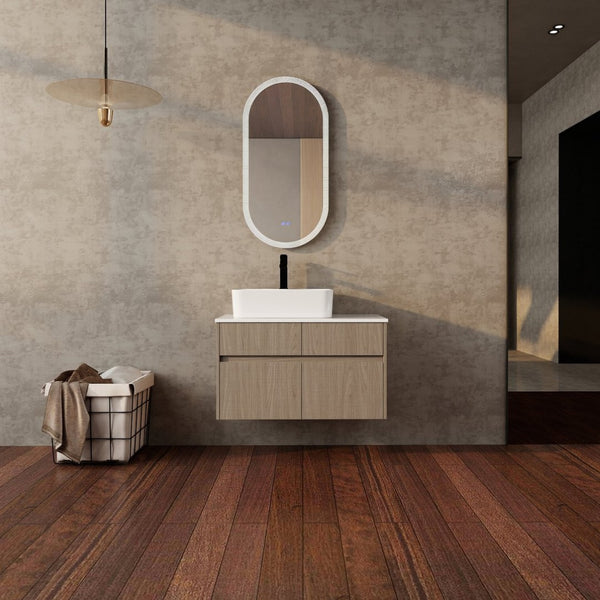 English Elm 32 Inch Floating Bathroom Vanity with Hand-Painted Ceramic Basin and Soft Close Storage Bouguer Walnut W999S00455