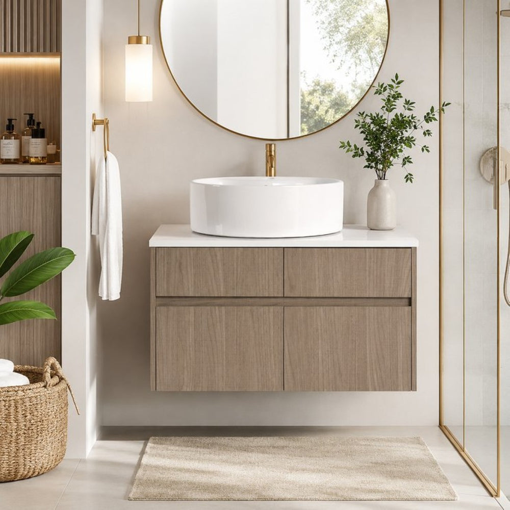 English Elm 32 Inch Floating Bathroom Vanity with Round Ceramic Basin and Wood Grain Soft Close Storage W999S00456