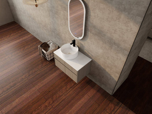 English Elm 32 Inch Floating Bathroom Vanity with Round Ceramic Basin and Wood Grain Soft Close Storage W999S00456