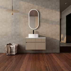 English Elm 32 Inch Floating Bathroom Vanity with Round Ceramic Basin and Wood Grain Soft Close Storage W999S00456