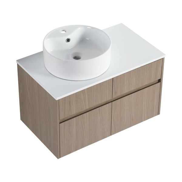 English Elm 32 Inch Floating Bathroom Vanity with Round Ceramic Basin and Wood Grain Soft Close Storage W999S00456