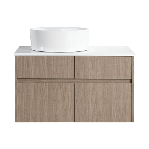 English Elm 32 Inch Floating Bathroom Vanity with Round Ceramic Basin and Wood Grain Soft Close Storage W999S00456