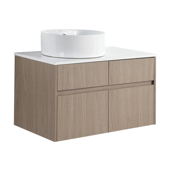 English Elm 32 Inch Floating Bathroom Vanity with Round Ceramic Basin and Wood Grain Soft Close Storage W999S00456