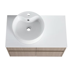 English Elm 32 Inch Floating Bathroom Vanity with Round Ceramic Basin and Wood Grain Soft Close Storage W999S00456