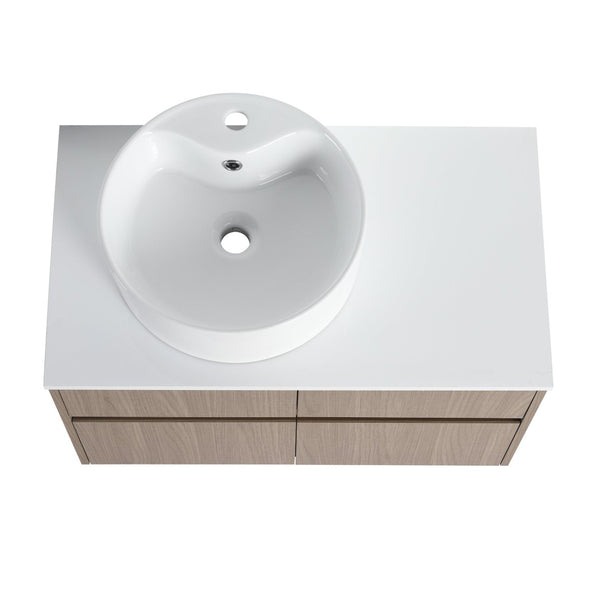 English Elm 32 Inch Floating Bathroom Vanity with Round Ceramic Basin and Wood Grain Soft Close Storage W999S00456
