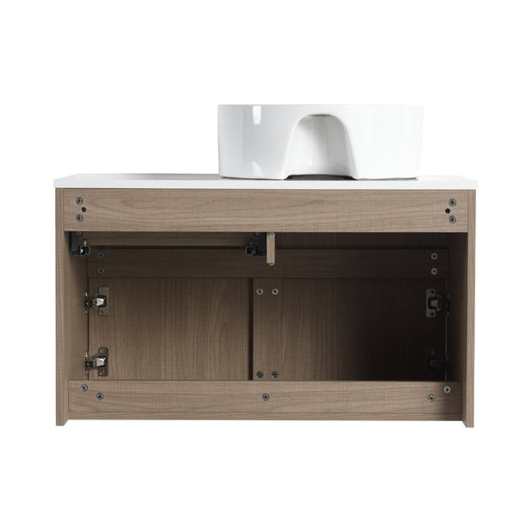 English Elm 32 Inch Floating Bathroom Vanity with Round Ceramic Basin and Wood Grain Soft Close Storage W999S00456