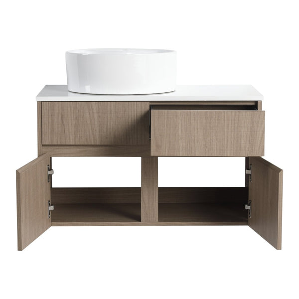 English Elm 32 Inch Floating Bathroom Vanity with Round Ceramic Basin and Wood Grain Soft Close Storage W999S00456