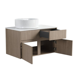 English Elm 32 Inch Floating Bathroom Vanity with Round Ceramic Basin and Wood Grain Soft Close Storage W999S00456