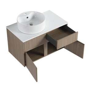 English Elm 32 Inch Floating Bathroom Vanity with Round Ceramic Basin and Wood Grain Soft Close Storage W999S00456
