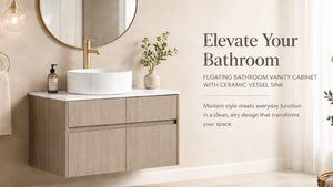 English Elm 32 Inch Floating Bathroom Vanity with Round Ceramic Basin and Wood Grain Soft Close Storage W999S00456