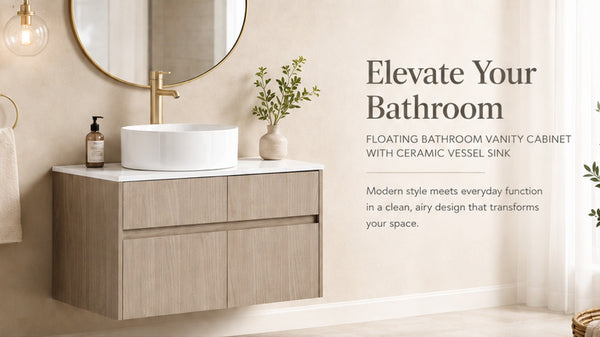 English Elm 32 Inch Floating Bathroom Vanity with Round Ceramic Basin and Wood Grain Soft Close Storage W999S00456