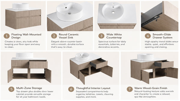 English Elm 32 Inch Floating Bathroom Vanity with Round Ceramic Basin and Wood Grain Soft Close Storage W999S00456