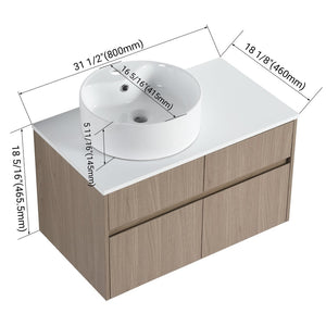English Elm 32 Inch Floating Bathroom Vanity with Round Ceramic Basin and Wood Grain Soft Close Storage W999S00456