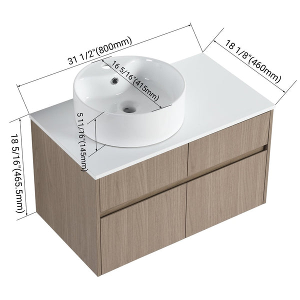 English Elm 32 Inch Floating Bathroom Vanity with Round Ceramic Basin and Wood Grain Soft Close Storage W999S00456