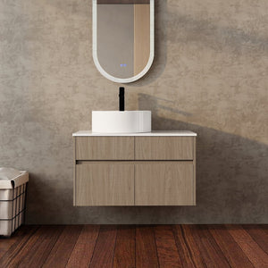 English Elm 32 Inch Floating Bathroom Vanity with Round Ceramic Basin and Wood Grain Soft Close Storage W999S00456
