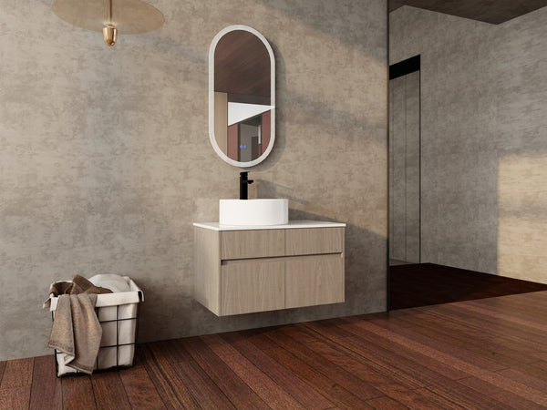 English Elm 32 Inch Floating Bathroom Vanity with Round Ceramic Basin and Wood Grain Soft Close Storage W999S00456