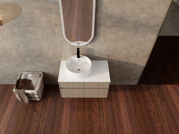 English Elm 32 Inch Floating Bathroom Vanity with Round Ceramic Basin and Wood Grain Soft Close Storage W999S00456