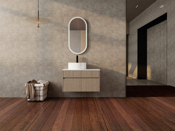 English Elm 32 Inch Floating Bathroom Vanity with Round Ceramic Basin and Wood Grain Soft Close Storage W999S00456