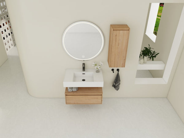 English Elm 30 Inch Floating Bathroom Vanity with Resin Sink Soft Close Drawer and Side Cabinet W999S00540