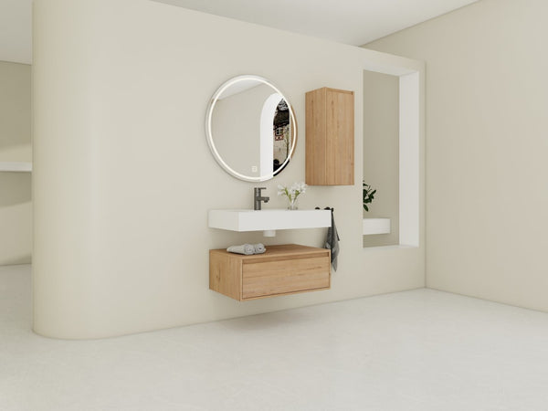 English Elm 30 Inch Floating Bathroom Vanity with Resin Sink Soft Close Drawer and Side Cabinet W999S00540