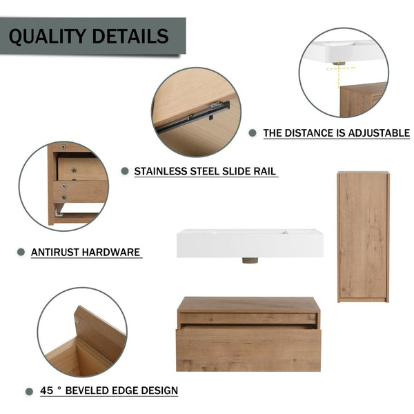 English Elm 30 Inch Floating Bathroom Vanity with Resin Sink Soft Close Drawer and Side Cabinet W999S00540