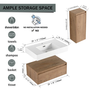 English Elm 30 Inch Floating Bathroom Vanity with Resin Sink Soft Close Drawer and Side Cabinet W999S00540