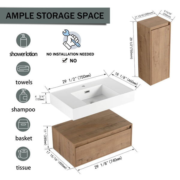 English Elm 30 Inch Floating Bathroom Vanity with Resin Sink Soft Close Drawer and Side Cabinet W999S00540