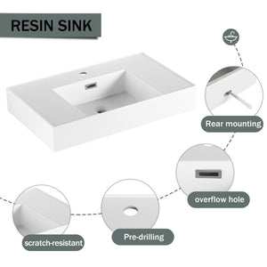 English Elm 30 Inch Floating Bathroom Vanity with Resin Sink Soft Close Drawer and Side Cabinet W999S00540