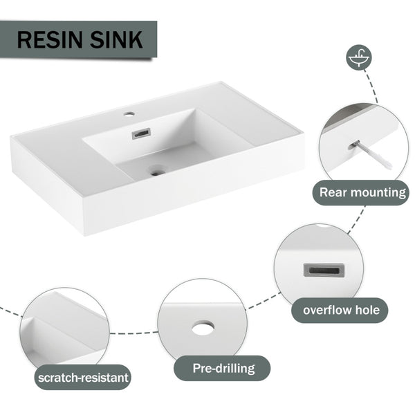 English Elm 30 Inch Floating Bathroom Vanity with Resin Sink Soft Close Drawer and Side Cabinet W999S00540
