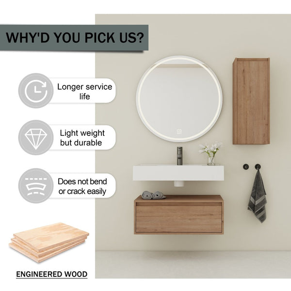 English Elm 30 Inch Floating Bathroom Vanity with Resin Sink Soft Close Drawer and Side Cabinet W999S00540