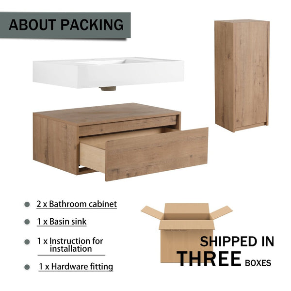 English Elm 30 Inch Floating Bathroom Vanity with Resin Sink Soft Close Drawer and Side Cabinet W999S00540