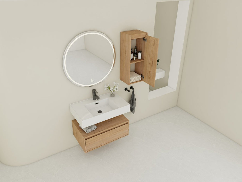 English Elm 30 Inch Floating Bathroom Vanity with Resin Sink Soft Close Drawer and Side Cabinet W999S00540
