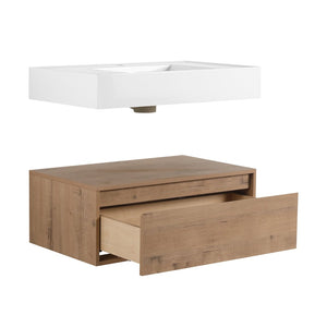 English Elm 30 Inch Floating Bathroom Vanity with Resin Sink Soft Close Drawer and Side Cabinet W999S00540