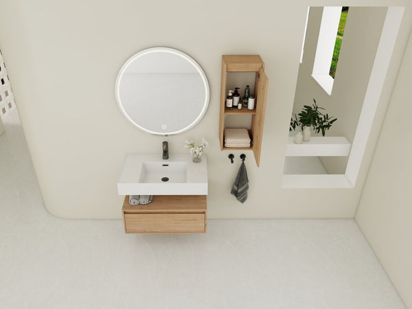 English Elm 30 Inch Floating Bathroom Vanity with Resin Sink Soft Close Drawer and Side Cabinet W999S00540