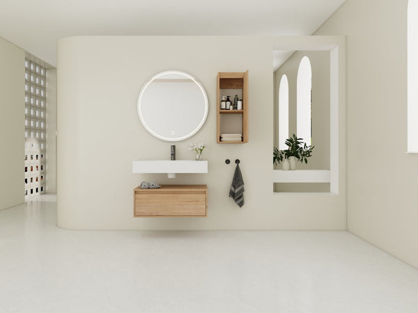 English Elm 30 Inch Floating Bathroom Vanity with Resin Sink Soft Close Drawer and Side Cabinet W999S00540