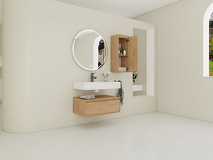 English Elm 30 Inch Floating Bathroom Vanity with Resin Sink Soft Close Drawer and Side Cabinet W999S00540
