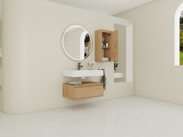 English Elm 30 Inch Floating Bathroom Vanity with Resin Sink Soft Close Drawer and Side Cabinet W999S00540