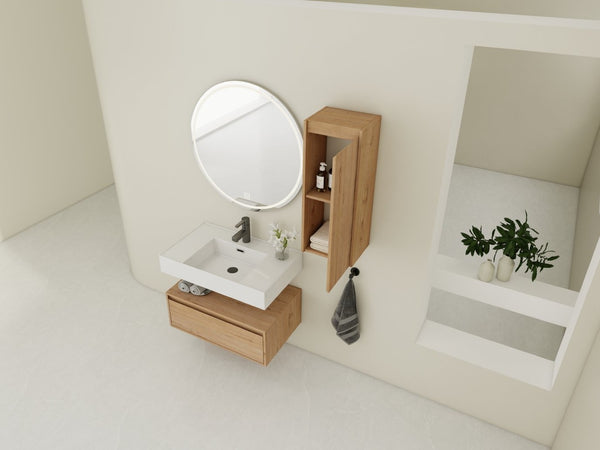 English Elm 30 Inch Floating Bathroom Vanity with Resin Sink Soft Close Drawer and Side Cabinet W999S00540