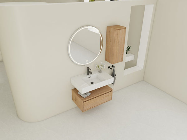 English Elm 30 Inch Floating Bathroom Vanity with Resin Sink Soft Close Drawer and Side Cabinet W999S00540