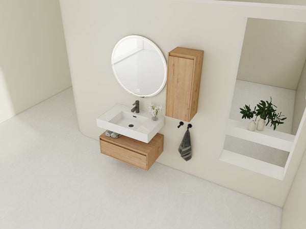 English Elm 30 Inch Floating Bathroom Vanity with Resin Sink Soft Close Drawer and Side Cabinet W999S00540