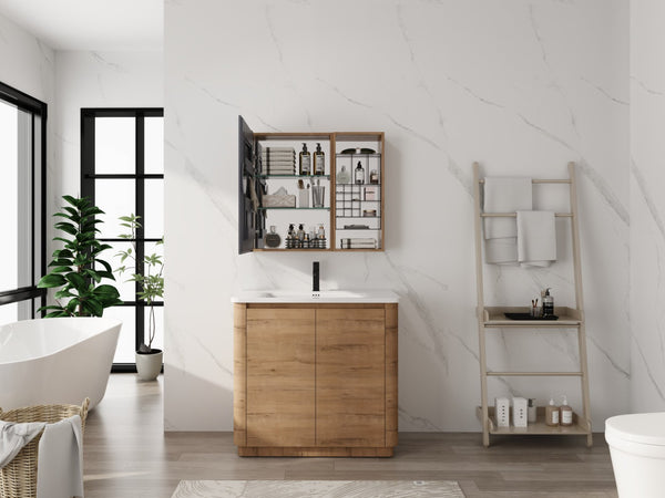 English Elm 31.56 Inch Wall Mounted Bathroom Medicine Cabinet with Mirror and Adjustable Shelves W999S00541