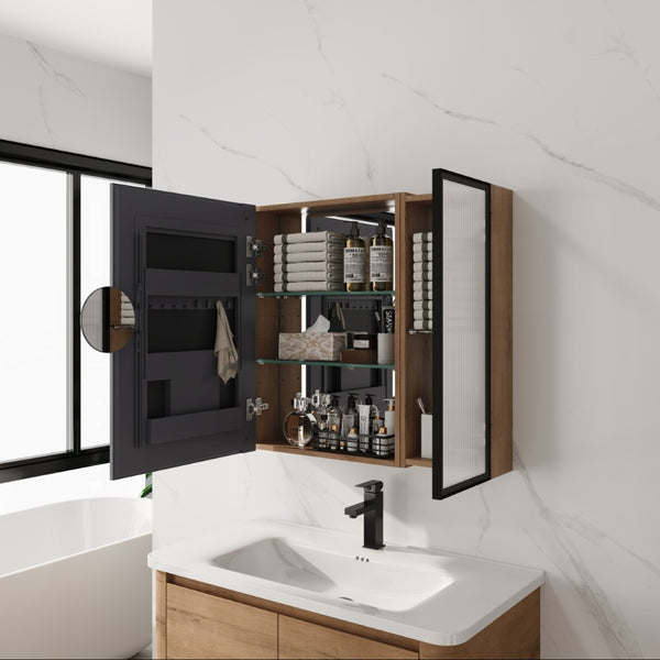 English Elm 29.63 Inch Wall Mounted Bathroom Mirror Cabinet with Adjustable Shelves and Plywood Core W999S00542