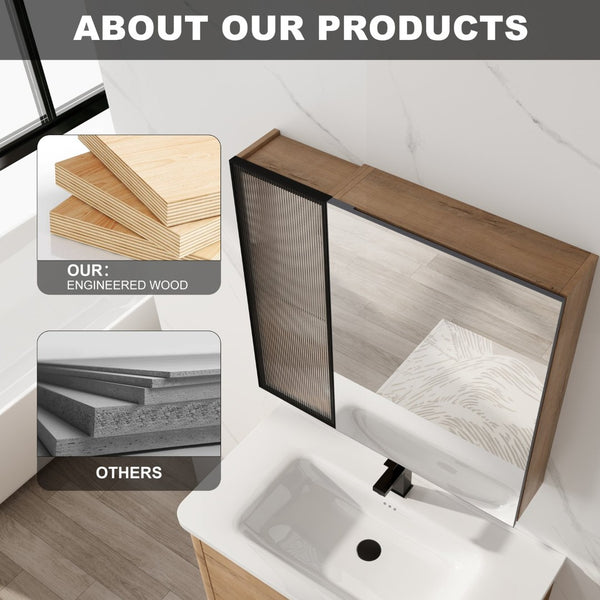 English Elm 29.63 Inch Wall Mounted Bathroom Mirror Cabinet with Adjustable Shelves and Plywood Core W999S00542